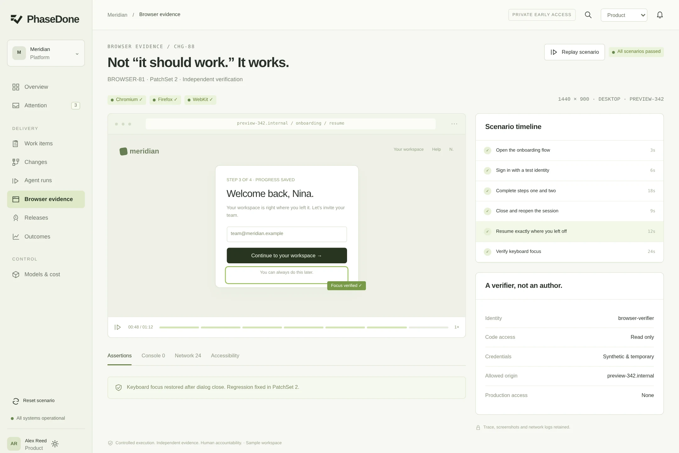 PhaseDone browsers screen. Real-browser scenarios, traceable assertions and a replay of what actually happened.